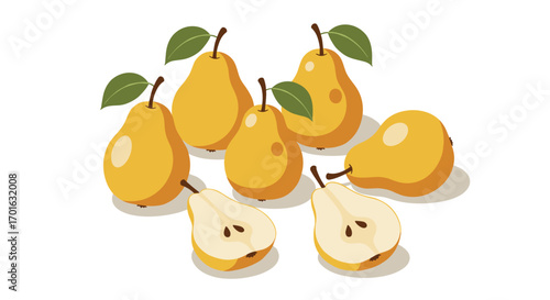 Isometric yellow pears with leaves on white background for fresh and fruity designs