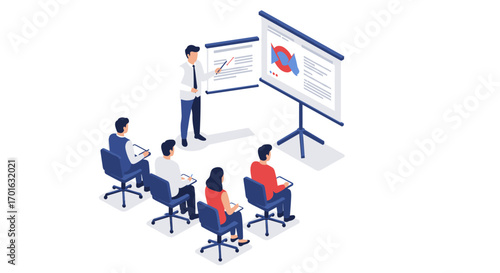 Team training seminar with business presentation and data analysis in modern office