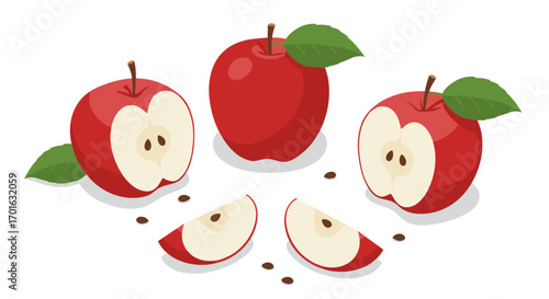 Isometric red apples with slices and seeds on white background