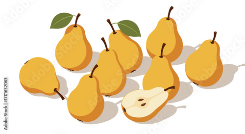 Isometric yellow pears with leaves on white background