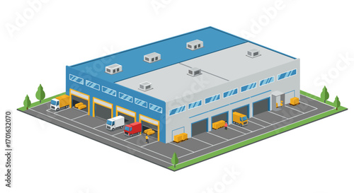 Modern warehouse building with loading docks and trucks in isometric design