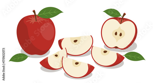 Fresh red apples and slices with green leaves on white background