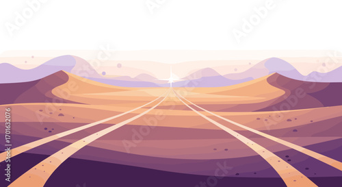 Desert landscape with sand dunes and tracks leading to the horizon.