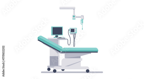 Modern medical examination room with equipped hospital bed and monitoring devices