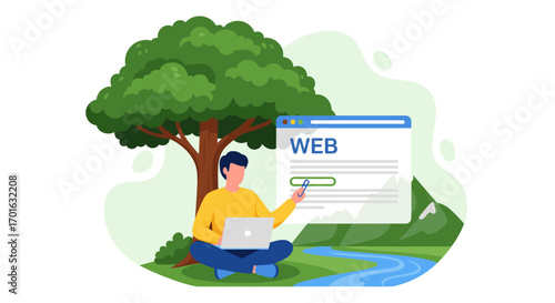 Man working on laptop under tree near river with web browser open.