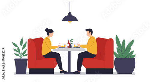 Couple dining in cozy restaurant booth with indoor plants