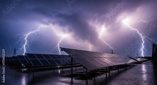 A dramatic nighttime scene depicts a solar panel array during a powerful thunderstorm with multiple lightning strikes illuminating the dark sky and wet panels
