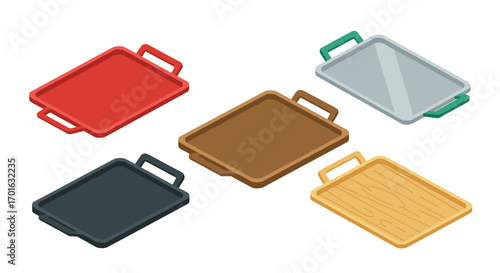 Colorful isometric trays with handles featuring wooden and metallic designs