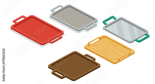 Isometric kitchen trays set in vibrant colors and modern design