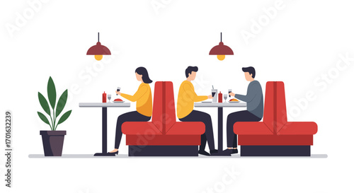 Modern cafe dining: people enjoying meals and conversation in cozy booths