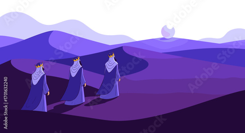 Three people walking across purple desert dunes under a pale moon.