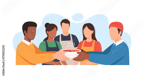 Diverse group of people sharing food and helping each other.