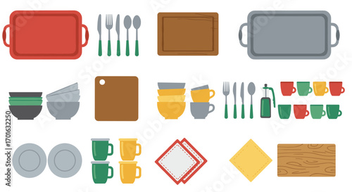 Kitchenware icons set featuring flat style trays, utensils, dishes, and mugs