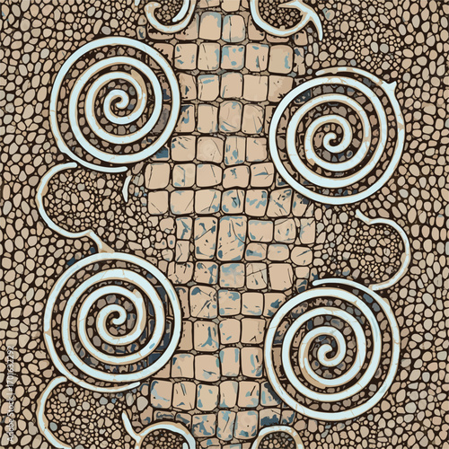 Abstract pattern featuring spirals, cobblestone texture, and reptile skin effect, patern seamless, Stock royalty free.