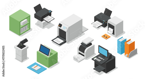 Isometric office printers and equipment set for modern workspaces