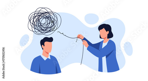 Therapist helping patient untangle mental health issues with string metaphor.
