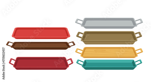Collection of colorful rectangular trays with handles in modern flat design