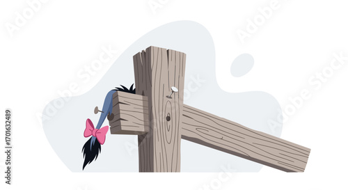 Wooden cross with a pink bow and black hair.