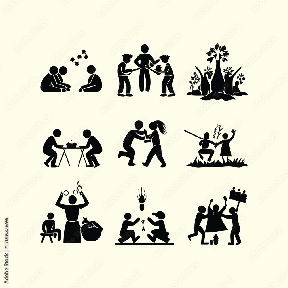 Fototapeta premium Collection of diverse silhouettes depicting various human activities and celebrations