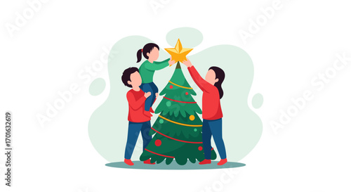 Family Decorating Christmas Tree Together Placing Star on Top.
