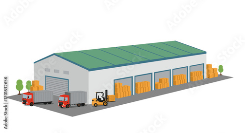 Isometric warehouse with trucks and forklift in modern logistic hub