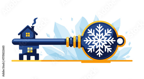 Winter Home Key Snowflake Real Estate Concept.