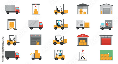 Warehouse and logistics icons set with forklifts and delivery trucks