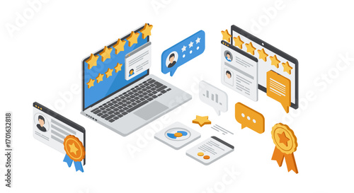 Isometric digital feedback and reputation management with laptop and reviews