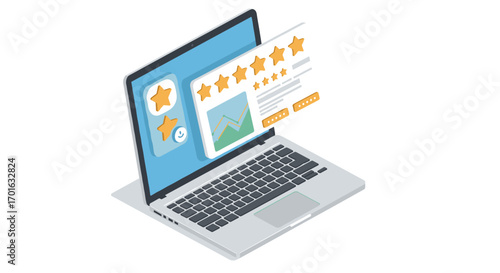Isometric laptop displaying online rating and analytics interface