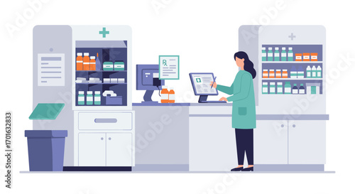Pharmacist at work in modern pharmacy retail setting