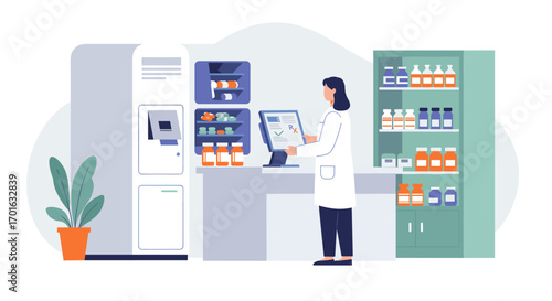 Modern pharmacy interior with automated medication dispensing system and pharmacist