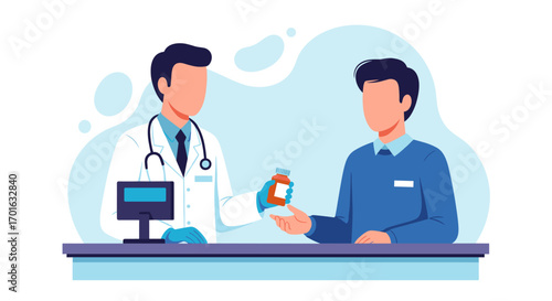 Pharmacist giving medicine bottle to patient at counter.