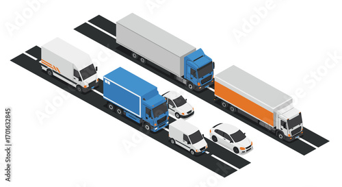Isometric transportation fleet on highway with diverse cargo trucks and cars