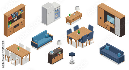 Modern isometric home furniture set featuring sofas, tables, and appliances