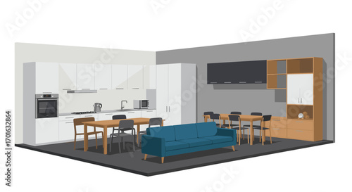 Modern kitchen and dining room interior with minimalist design and furniture