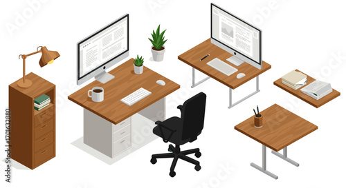 Modern home office isometric design with desk, computer, and plants