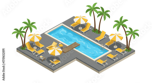 Isometric tropical poolside with sun loungers and palm trees