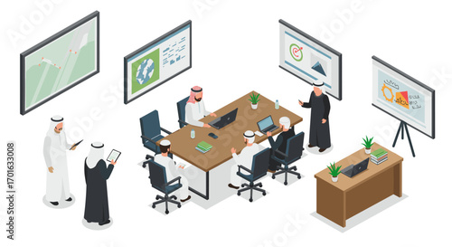 Isometric middle eastern business meeting in modern office setting