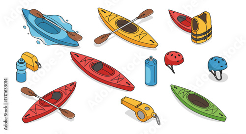 “colorful isometric kayaking equipment with boats, paddles, and safety gear”