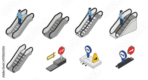 Isometric urban navigation with escalators and directional signage
