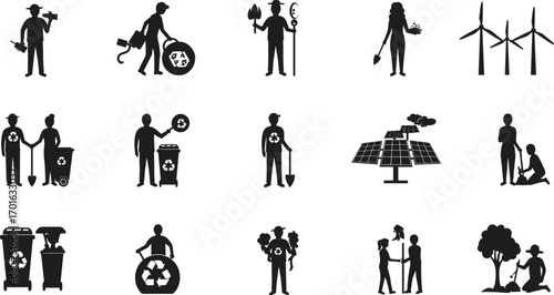 Sustainable environment silhouettes with people recycling, planting trees, solar panels, wind turbines, waste bins, eco activities, renewable energy, and green lifestyle actions.