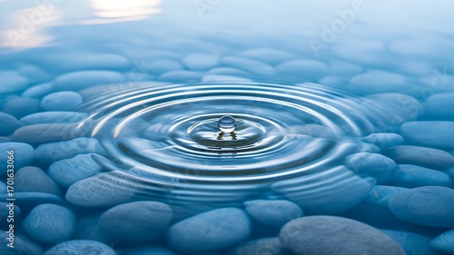 Water drop falling on smooth pebbles creating ripple circles in calm water  
