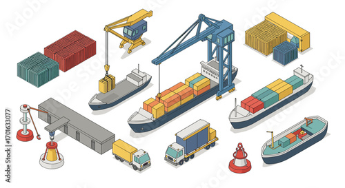 Isometric shipping port scene with cargo ships and containers