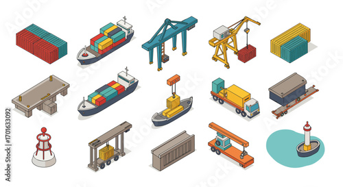 Isometric shipping icons featuring boats, cranes, and containers for maritime and logistics themes