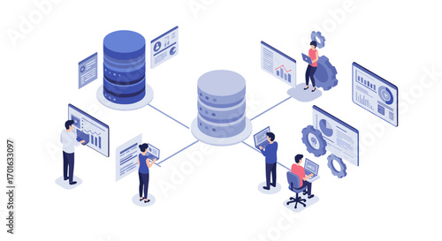 Isometric data management system with team analyzing on laptops and interactive charts