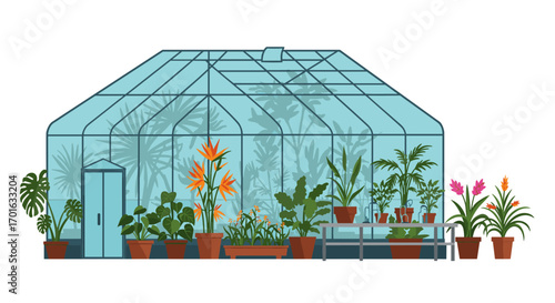 Greenhouse filled with lush greenery and potted plants in a flat design