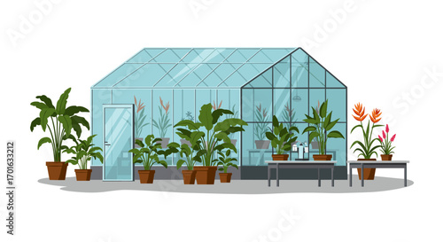 Modern greenhouse with tropical plants and flowers in flat design