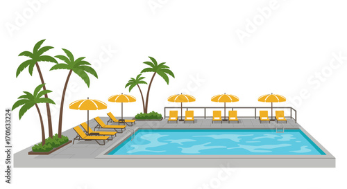 Tropical poolside oasis with palms and yellow umbrellas on a sunny day