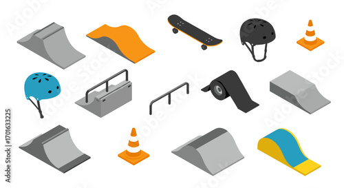 Isometric skatepark elements set with ramps, rails, helmets, and skateboards