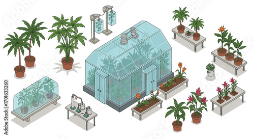 Isometric greenhouse with potted plants and greenery on display tables